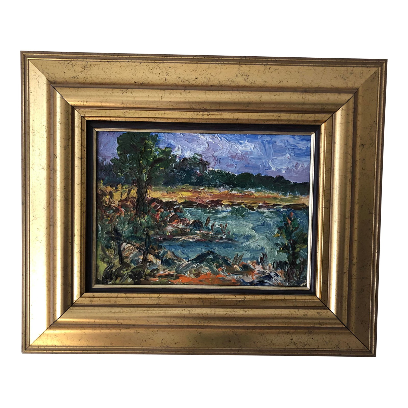 Mid 20th Century Vintage Swedish Landscape Painting, Framed: Vintage Swedish landscape painting by Bertil Svensson (1924-2012). Wonderful colors and texture.Painted on panel. Gold wood frame. The painting itself measures 10.5"x8". Condition: Alterations:
