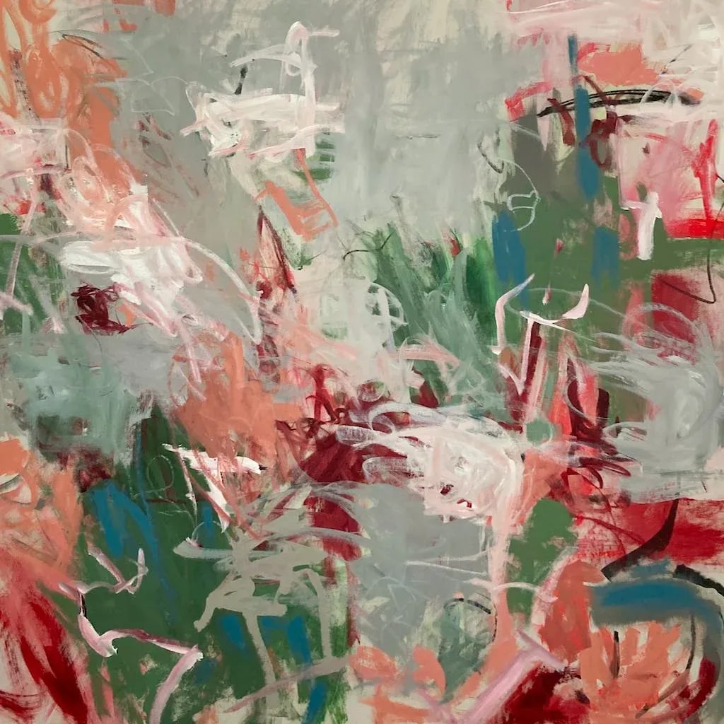 Large-Scale Original Abstract Contemporary Painting: This acrylic painting on canvas is an abstracted landscape, inspired by my travels through the English countryside. The gestural brushstrokes consist of a palette ranging from gray, green, coral,