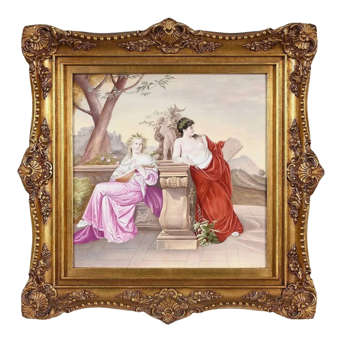 19th Century Framed Royal Vienna Porcelain Plaque Depicting Classical Maidens: Beautiful antique, finely painted porcelain plaque depicting lovely females in the Greco-Roman style, unsigned with Royal Vienna mark on reverse, mound in period giltwood frame. Plaque 15 1/4 by 15