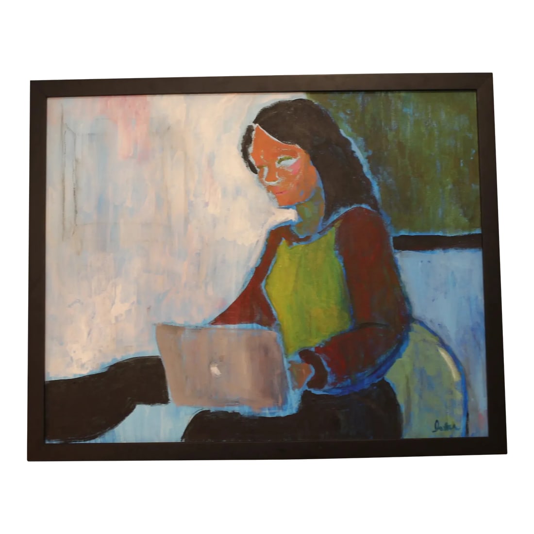 Original Abstract Oil Painting of a Woman, Signed by Artist: Contemporary abstract oil painting of a woman in shades of blue, green, deep red, and violet. Housed in a black wood frame and signed by the artist. 17 x 21. Condition: Alterations: Original
