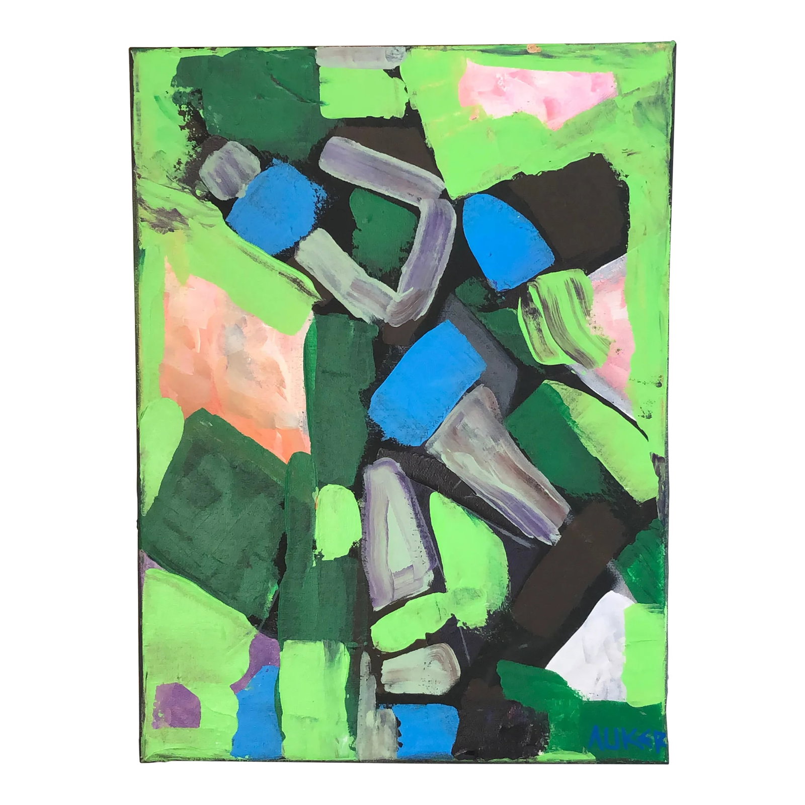 Contemporary Abstract Painting in Greens by Cassandra Auker, Acrylic on Stretched Canvas: An energetic and lively abstract, one of a kind original. Painted sides, wired and ready to hang. COA included. Cassandra Linnea Auker is a professional artist who resides in Florida. Her artwork is