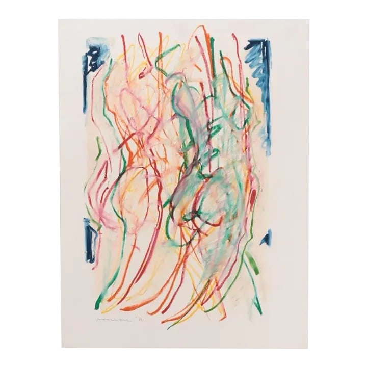 Jack Meanwell Abstract Mixed Media Figures Painting: Jack Meanwell (American/Canadian, 1919-2005) Untitled (abstract), 1980 Mixed media painting on paper including pastels Signed to the lower portion Hailing from Ontario, Canada, Jack Meanwell began