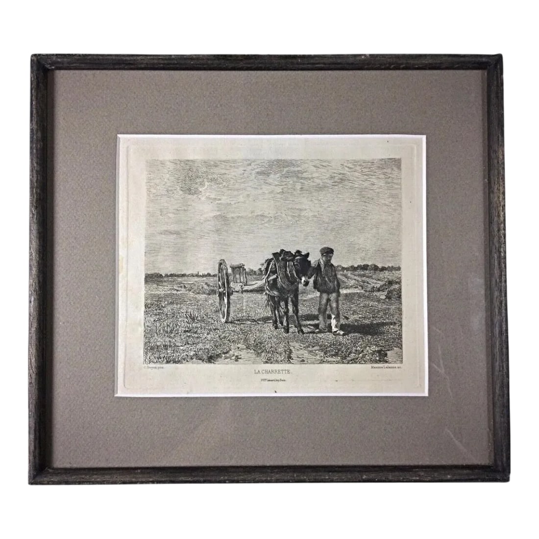 Vintage Gravure "La Charette" by M. Lallane After Troyon, Circa 1860-1880, Framed: This exquisite gravure, titled "La Charette," was created by the skilled artist M. Lallane after the renowned painter Troyon, dating back to the late 19th century (circa 1860-1880). The piece