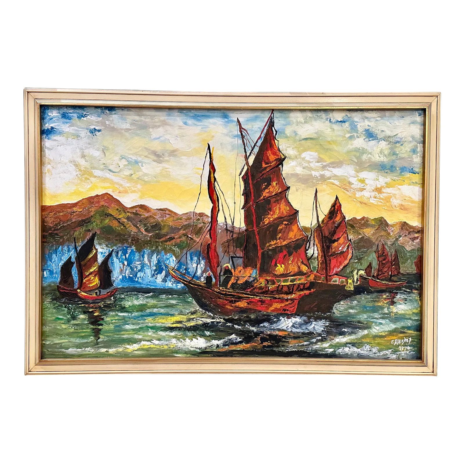 Hong Kong Harbor Original Oil Painting: A vibrant take on an iconic mid-century motif; this vintage oil painting incorporates the full color spectrum to represent Victoria Harbor and Chinese sailing vessels, or junk ships. Condition: