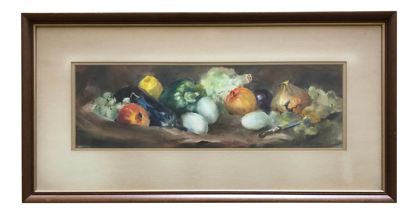 Original Still Life Watercolor by Ruth Baderian: This is a really beautiful original still-life watercolor by Ruth Baderian of various fruits and vegetables. There is a small knife in the lower right foreground laid out as if a feast is about to be 