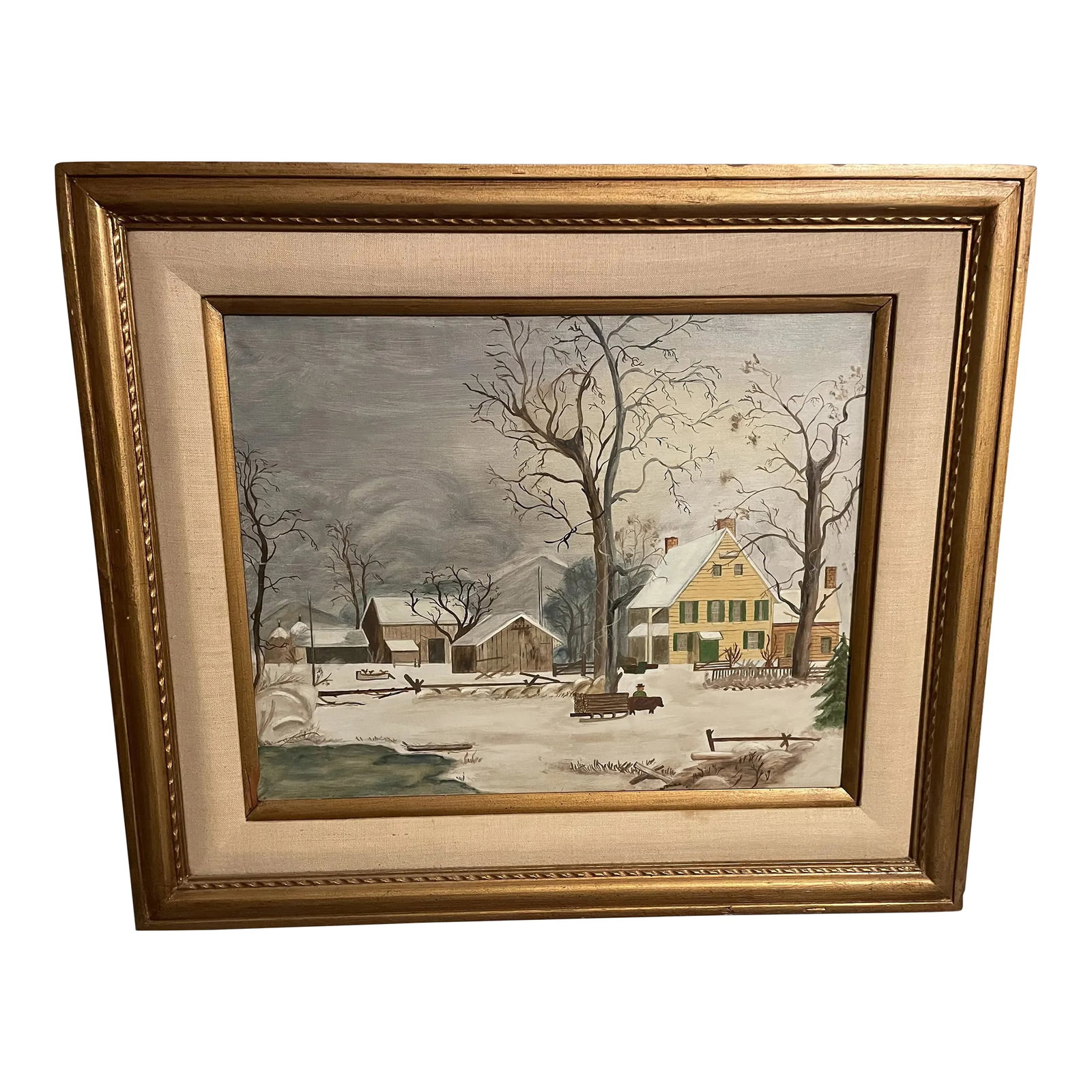 Vintage Folk Art Landscape Painting in Antique Frame - Snowy Farm: This absolutely charming folk art painting was sourced from a 19th century Victorian mansion on the banks on the Delaware River. The painting is an original work in acrylic on canvas. It is unsigned. 