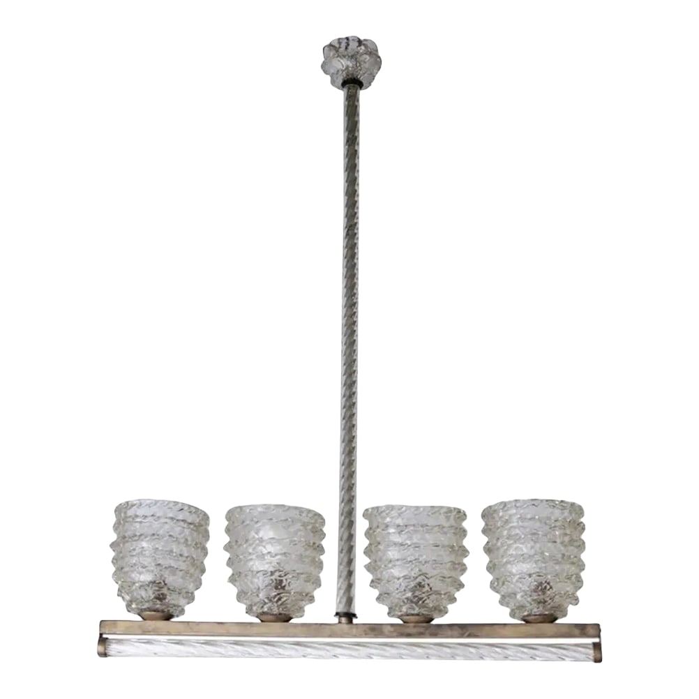 1950s Murano Glass Ceiling Light Attributed to Barovier: Beautiful Murano glass ceiling light attributed to Ercole Barovier. Made by hand in Murano, Italy circa 1950. This light has four glass globes with one dimmable socket in each globe. The fixture provi