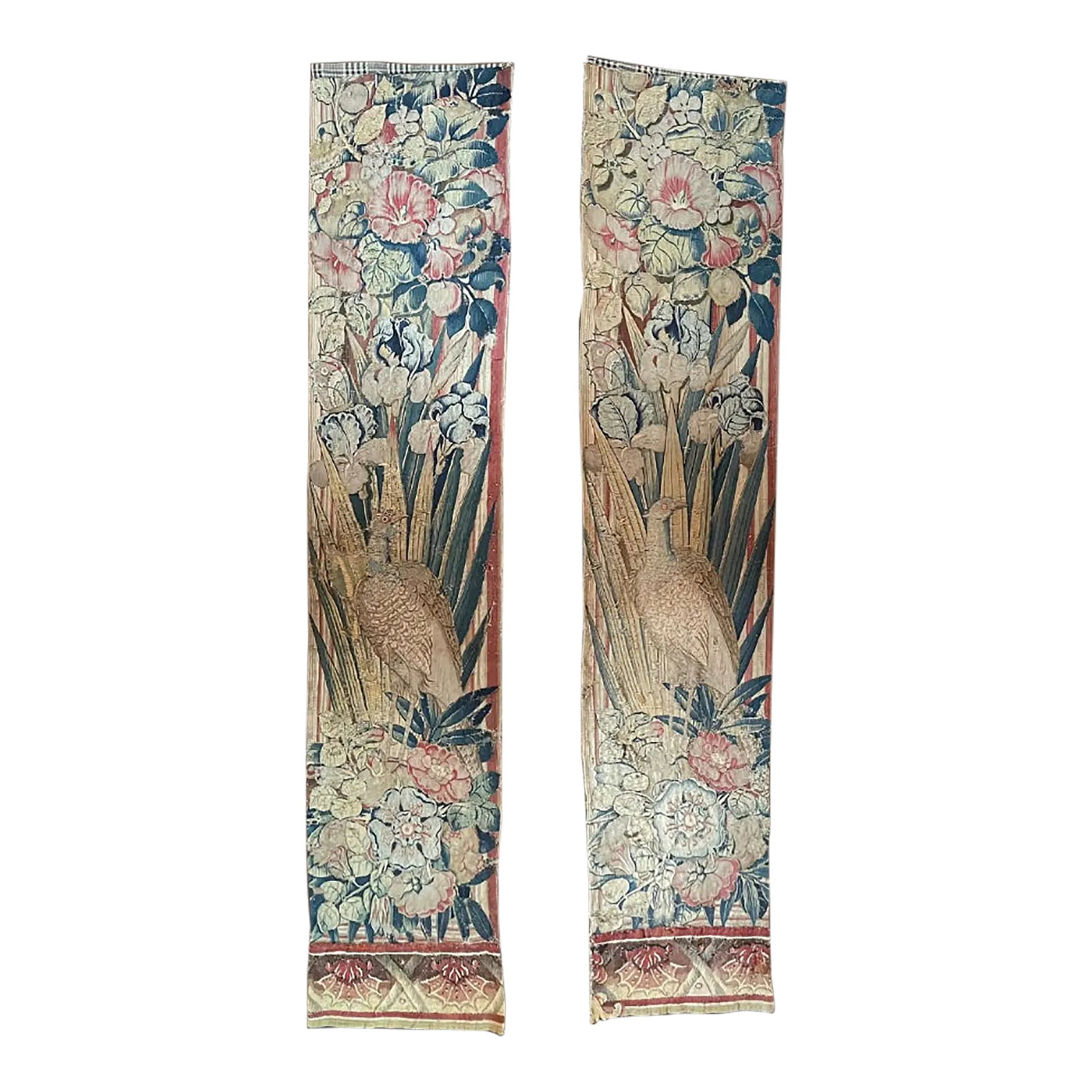 Pair of 16th Century Belgian Tapestries: Exquisite with an Art Deco vibe! - 2 Bourdeaux Taoestries, 16th C Belgian. Good condition for age with some wear. Sourced from Belgian estate in 2022. Purchased expert 17th-18th C dealer in Paris (bou
