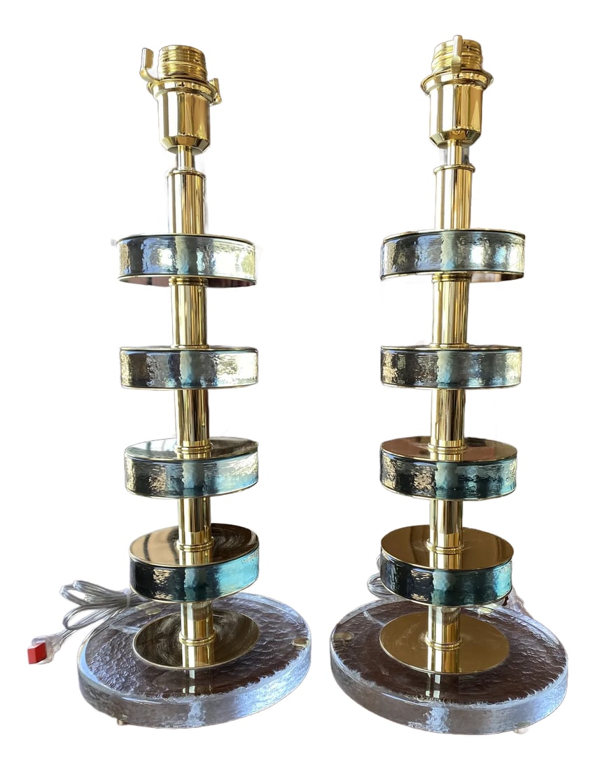 Murano Style Glass Disc Lamps in Fontana Green - a Pair: - Murano style blown glass in Fontana Green - Brass accents - Made in Italy Condition: Imperfections: No Imperfections Condition Notes: Great condition. Never been used. Origin: Italy Materials &