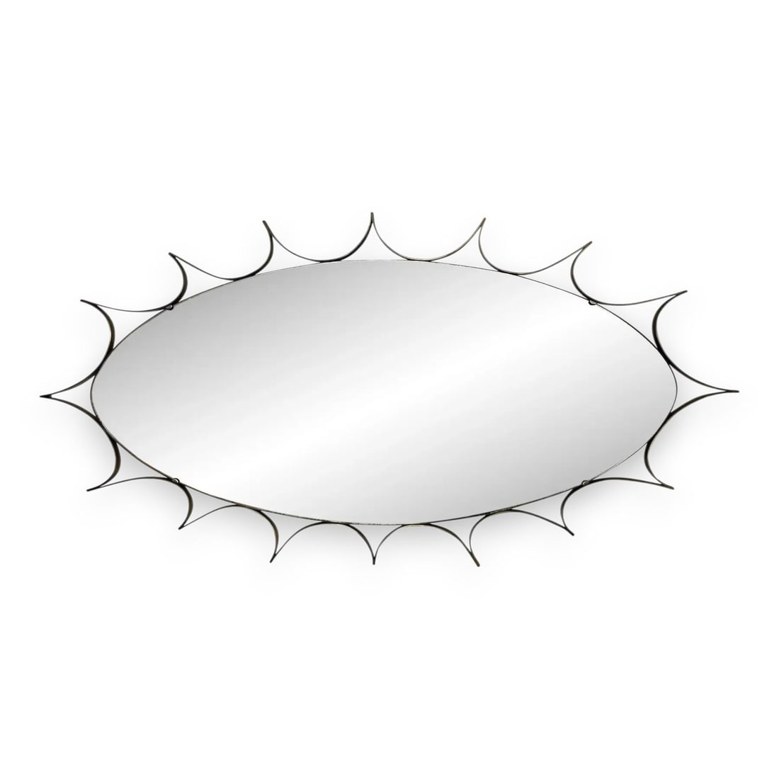 1970s Brass Sunburst Wall Mirror: Iconic mid-century modern wall mirror. This piece is a large oval wall mirror, with a thick brass sunburst style surround. Heavy duty and very sturdy piece, sure to enhance any living space with the p