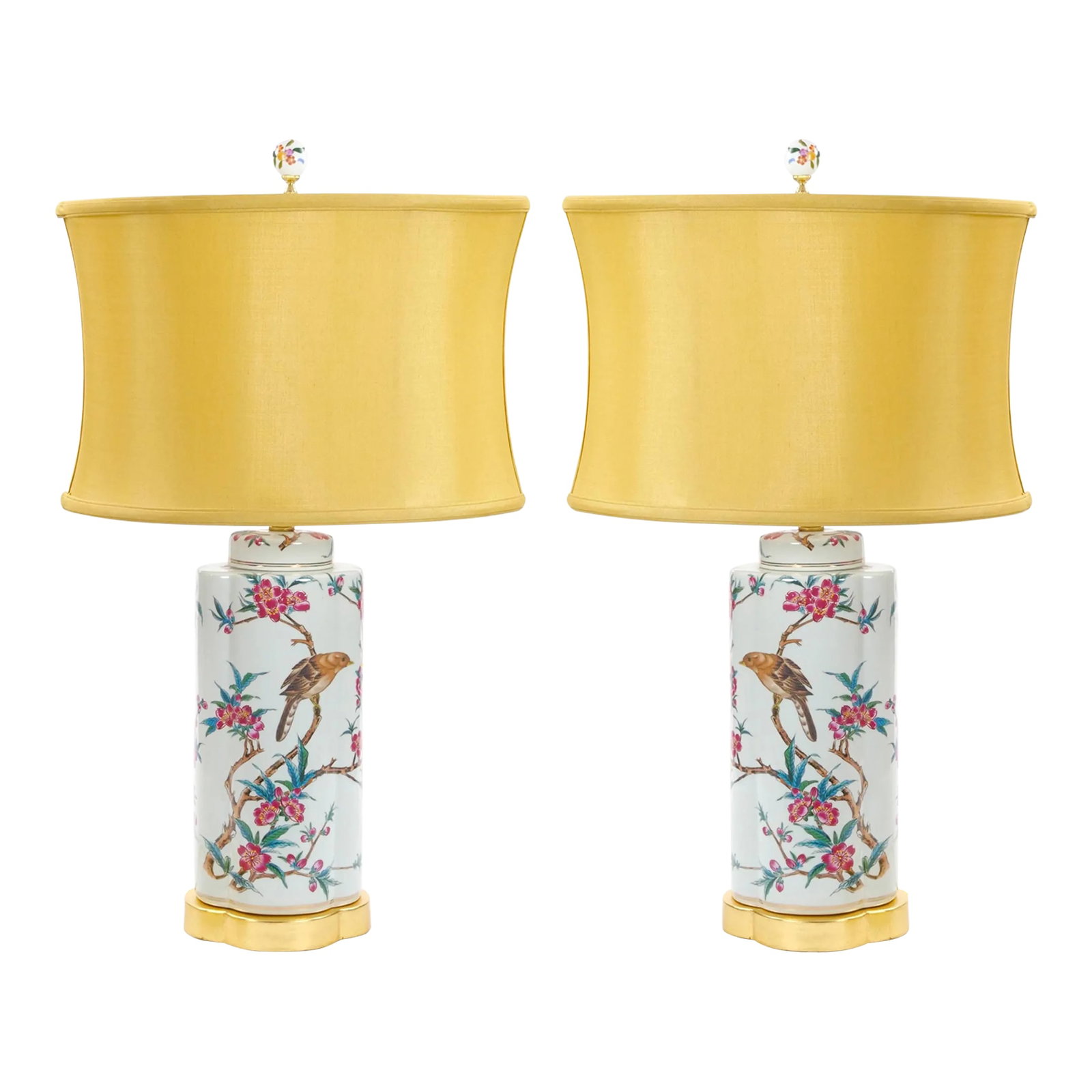 20th Century Hand-Painted Italian Porcelain Table Lamps With Gilt Wood Base: These beautifully crafted 20th-century Italian porcelain table lamps exemplify exquisite Italian design and artistry. Each lamp is meticulously hand-painted with intricate floral and foliate motifs, c