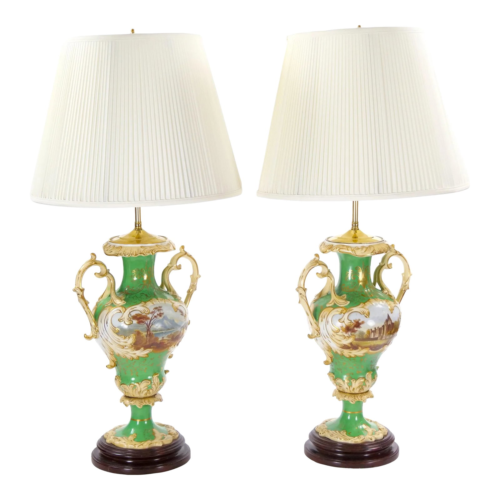 Early 20th Century Royal Worcester Hand-Painted and Gilt Porcelain Table Lamps: This exquisite pair of early 20th-century table lamps by Royal Worcester showcases superb craftsmanship and artistry in hand-painted and gilt porcelain. Each lamp features an elegant urn-shaped design