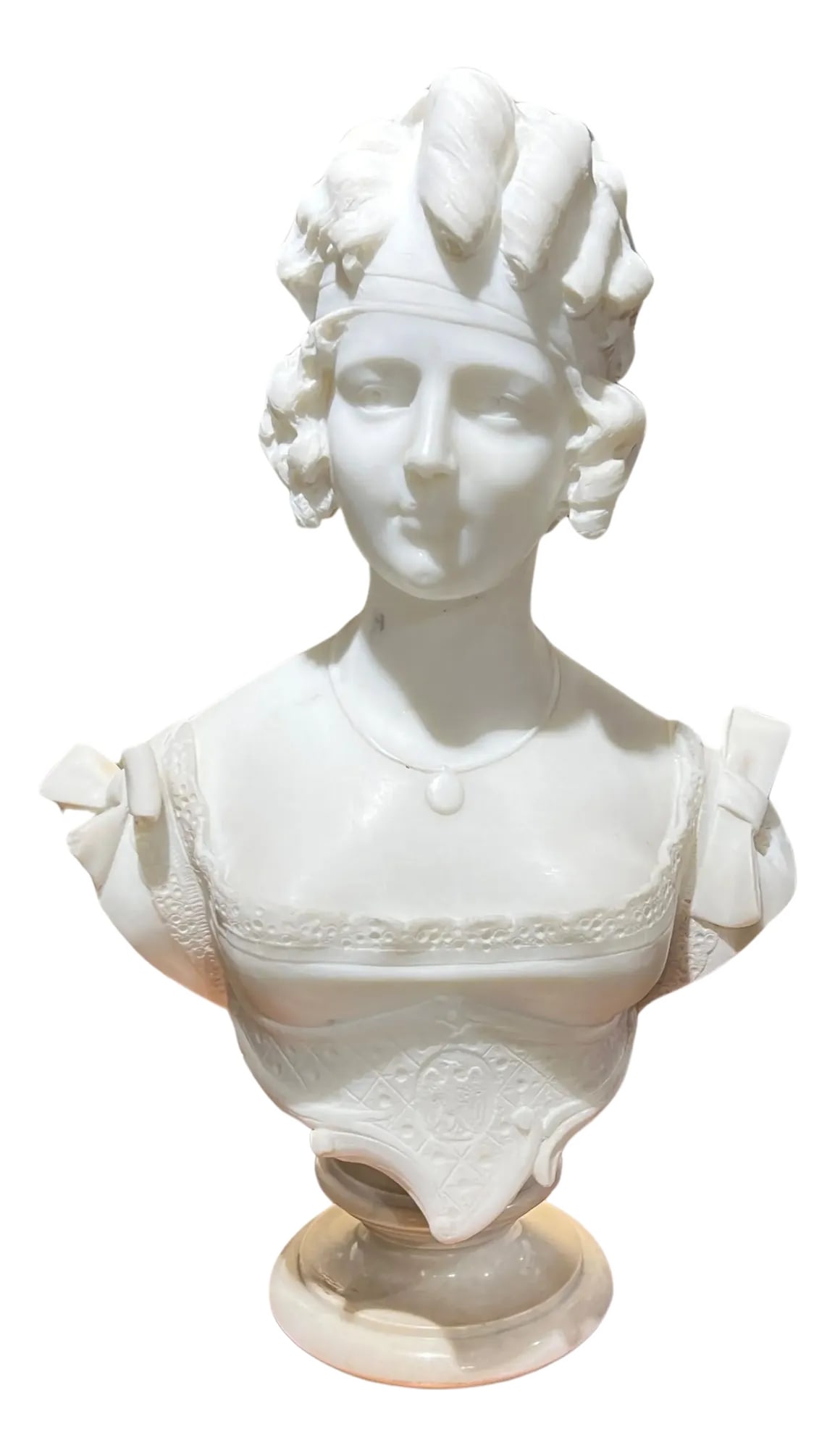 19th Century Continental Female Bust Sculpture in White Marble: Fine antique (19th century) continental bust of a lovely female in curls and dress adorned with bows at the shoulder. Apparently unsigned. Condition: Alterations: Unknown Imperfections: Some Imperfect