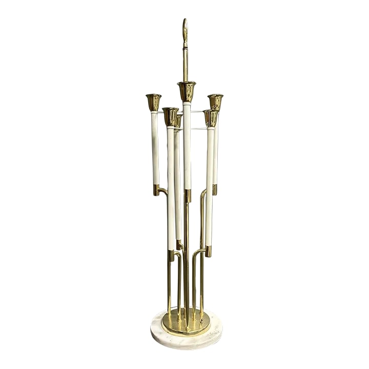1960s Tommi Parzinger Style Tall Brass Table Lamp on Marble Base: A tall vintage Stiffel attributed six light table lamp on a carrara marble base attributed to Tommi Parzinger. This stately lamp is in very good vintage condition showing some light patina on the base