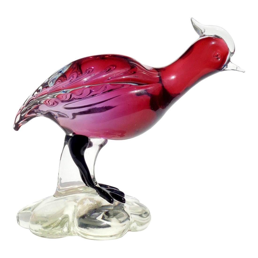 Vintage Murano Sommerso Red Amethyst Italian Art Glass Mid Century Bird Sculpture Figure: Beautiful vintage Murano hand blown Sommerso red amethyst Italian art glass guinea or quail bird sculpture. The piece is attributed to the Salviati company, with Alfredo Barbini the likely designer. T
