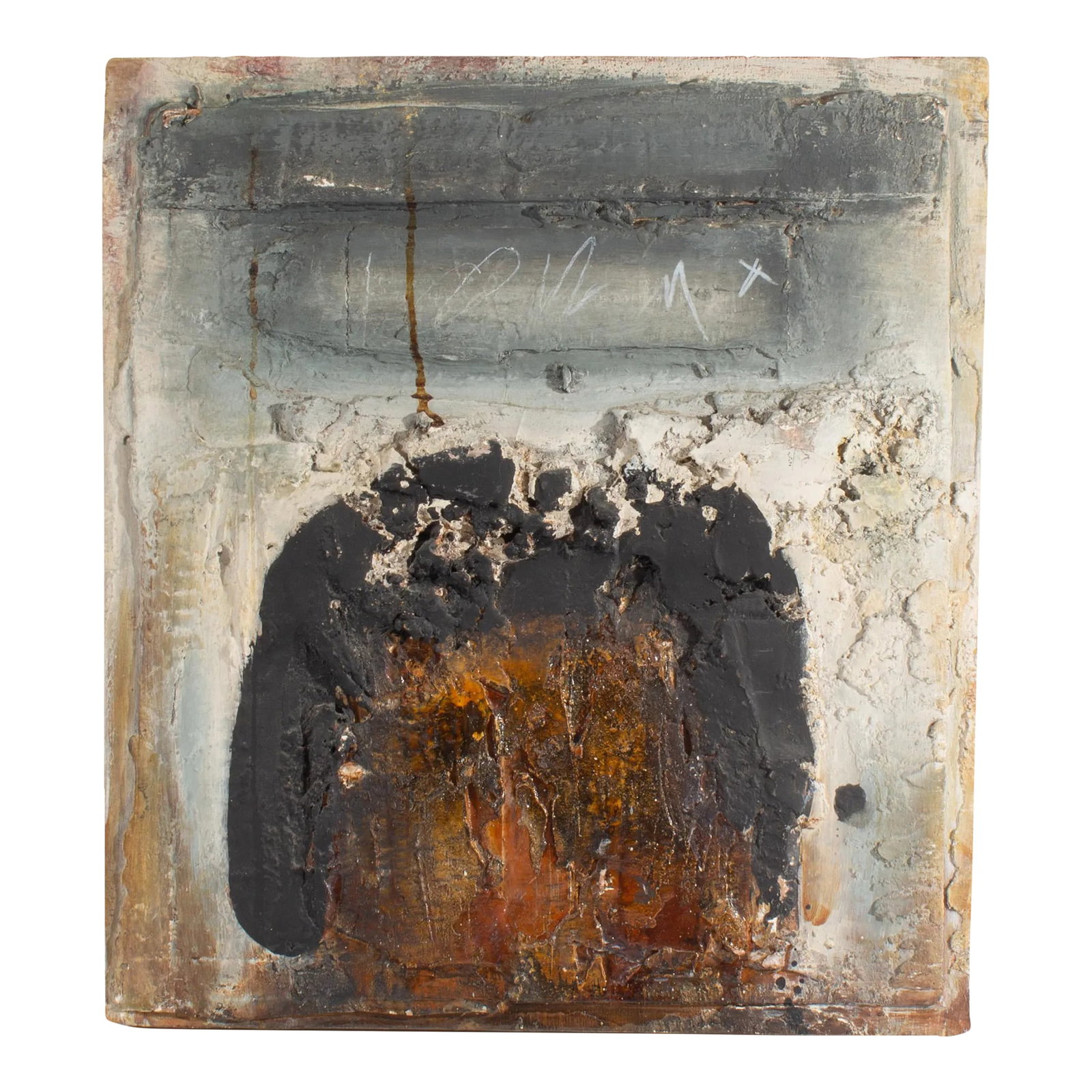 1998 "Asoko V" Mixed Media Wall Assemblage by Juliet Holland: A 1998 mixed media wall assemblage titled Asoko V by American artist Juliet Holland (1937-2017). A black arch is surrounded by brown and white paint and topped by gray in this assemblage. Cracks,