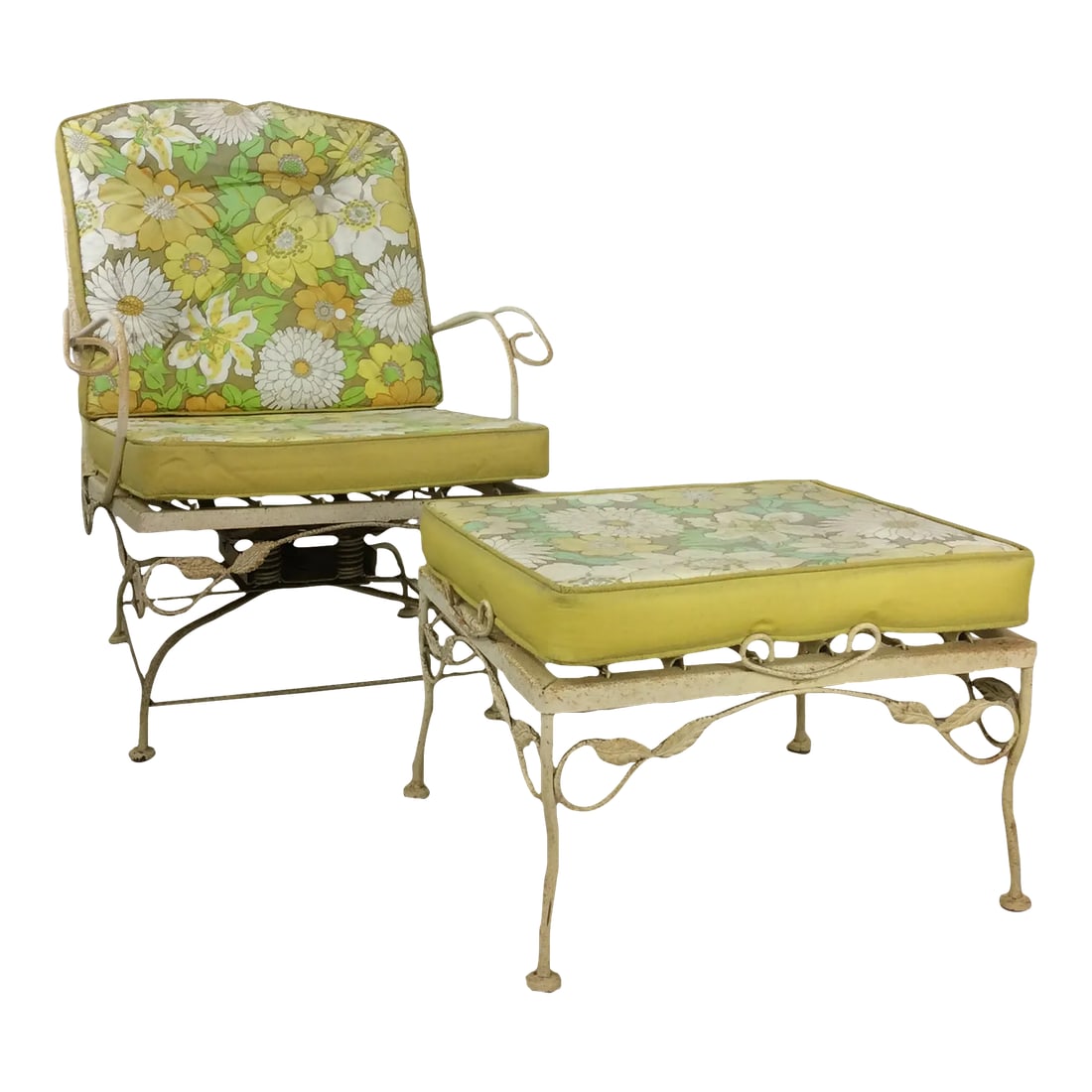 Mid Century Modern Yellow Wrought Iron Outdoor Swivel Lounge Chair With Ottoman and Vintage Floral U: This mid century outdoor lounge chair and ottoman features wrought iron construction, yellow painted finish, vintage floral / .yellow reversible upholstery, unique swivel base, and matching ottoman. M