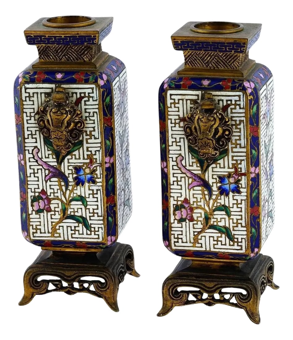 19th Century French Chinoiserie Cloisonne Bronze Vases - A Pair: Pair of exceptional antique (late 19th century) French gilt bronze vases in the Chinoiserie style with fine cloisonne enamel designs of flowers on a geometric ground with stylized lion masks at the si