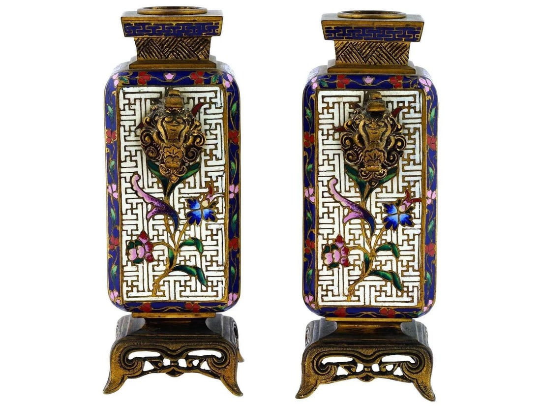 19th Century French Chinoiserie Cloisonne Bronze Vases - A Pair - 2