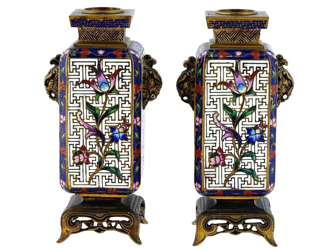19th Century French Chinoiserie Cloisonne Bronze Vases - A Pair - 3