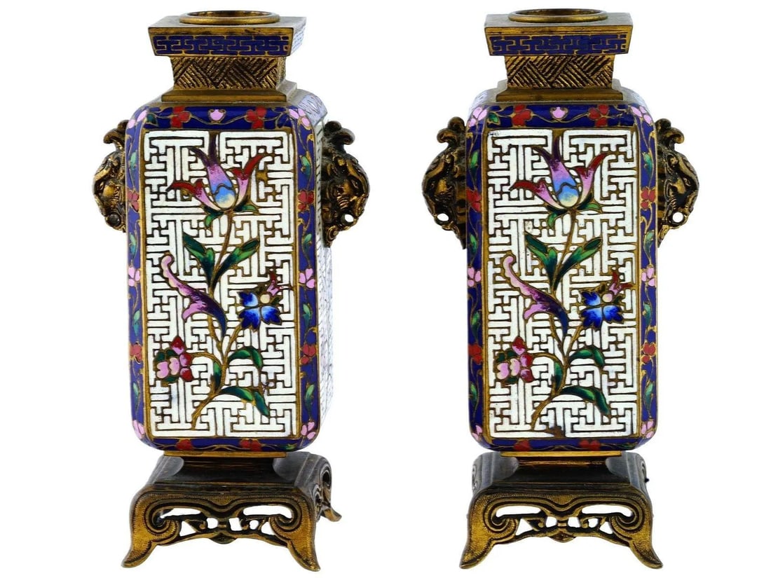 19th Century French Chinoiserie Cloisonne Bronze Vases - A Pair - 5