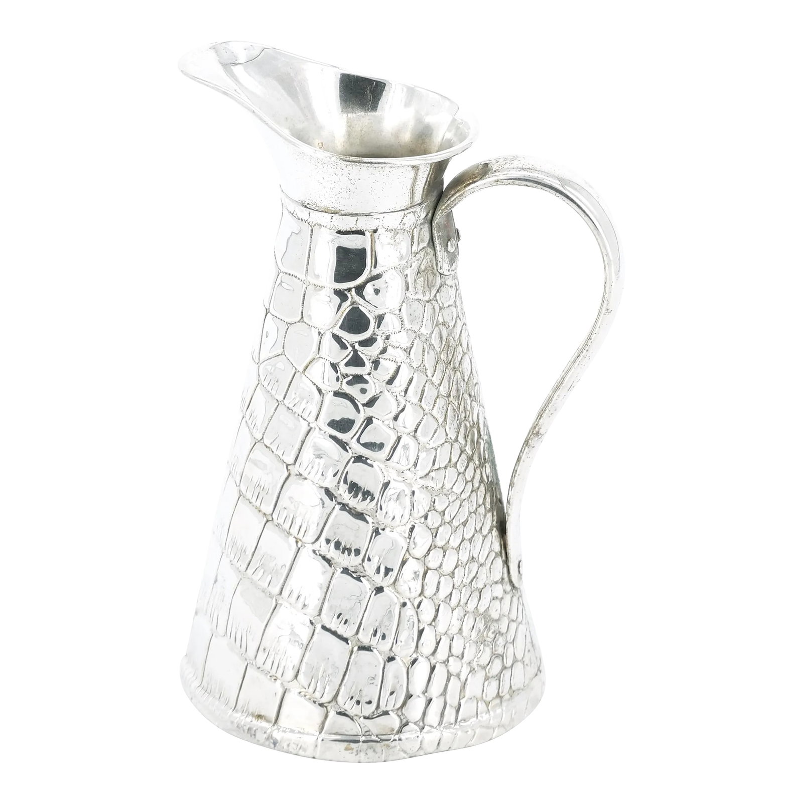 Old English Silver-Plated Crocodile Design Decorative Jug / Vase: This unique Old English silver-plated jug or vase features a distinctive crocodile-textured exterior, showcasing remarkable craftsmanship and attention to detail. With a single curved side handle and 