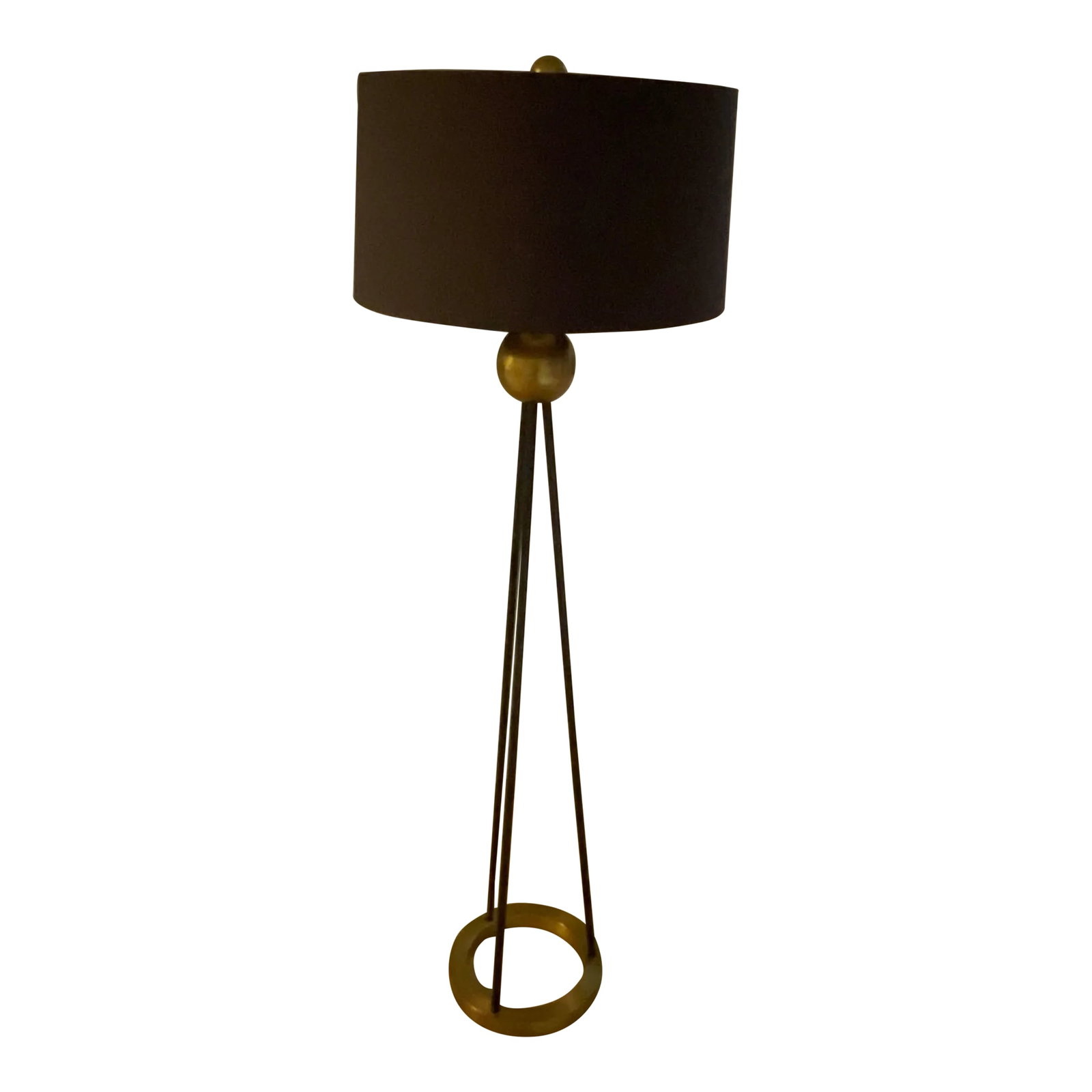Haley Black & Brass Floor Lamp with Black Shade: Sleek and sophisticated features are this floor lamp's forte. Three blackened steel rods form an architectural tripod, anchored by a sturdy circular base and top sphere connection, both finished in an