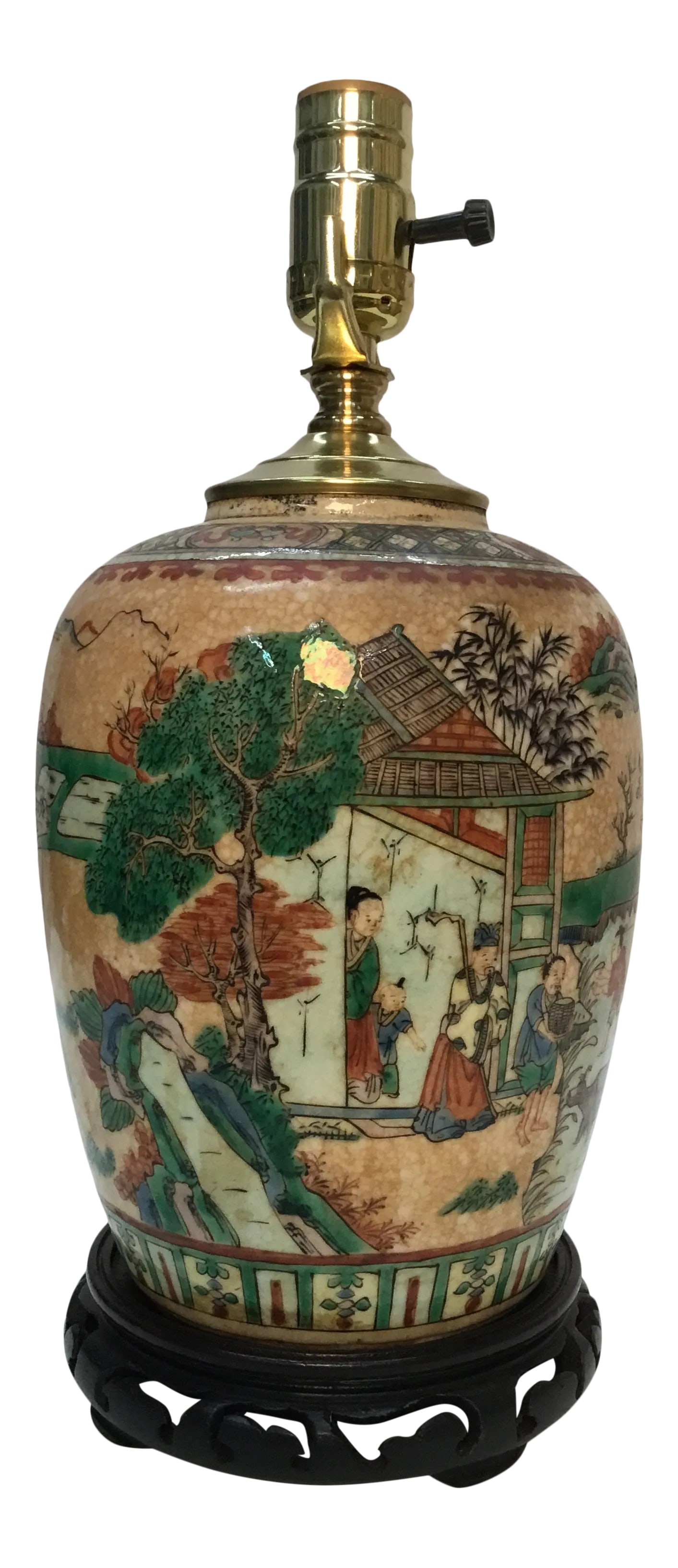 Late 19th Century Antique Chinese Lamp Handpainted With Village Scenes: Charming 19th century jar with crackled glaze Handpainted with domestic scenes on all sides. very playful and unusual. Mount as table lamp. Condition: Alterations: Original Condition Unaltered Imperfe