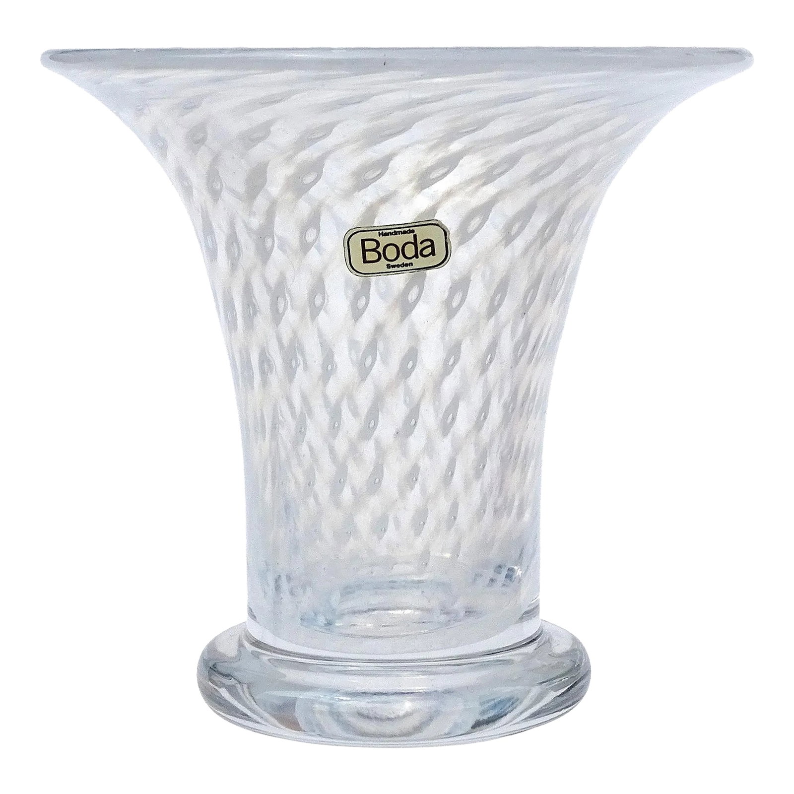 Boda Bertil Vallien White Control Bubble Cirrus Design Sweden Art Glass Footed Vintage Flower Vase: Beautiful vintage Bertil Vallien hand blown opaline white with bubble design Swedish art glass footed flower vase. The vase is documented, labelled and signed underneath. The label reads "Handmade Bod