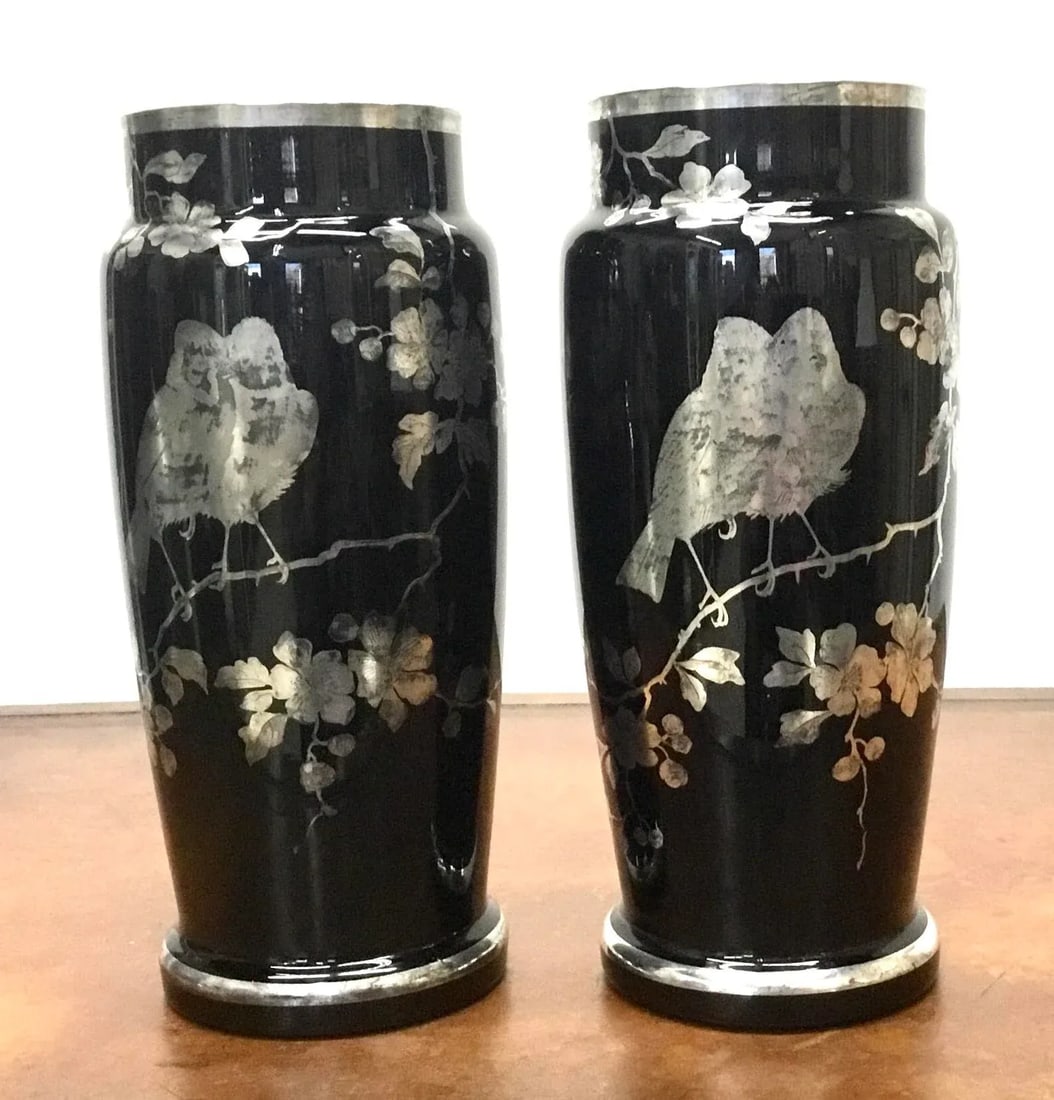 1920s Black Glass Silver Overlay Japanese Style Vases-a Pair - 12