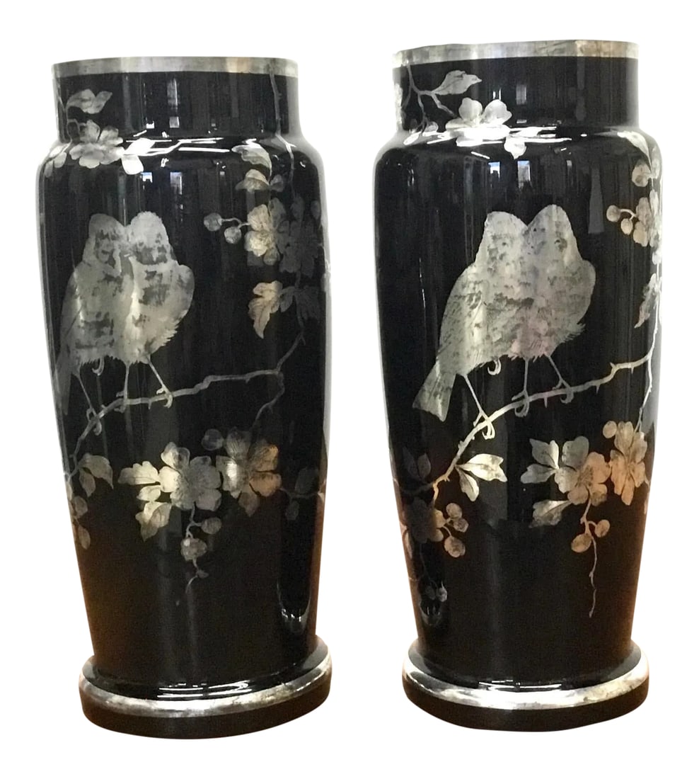 1920s Black Glass Silver Overlay Japanese Style Vases-a Pair: Beautiful pair of vintage vases with intricate design of apple blossoms and birds in silver overlay . No chips or cracks , some wear on silver Condition: Alterations: Original Condition Unaltered Impe