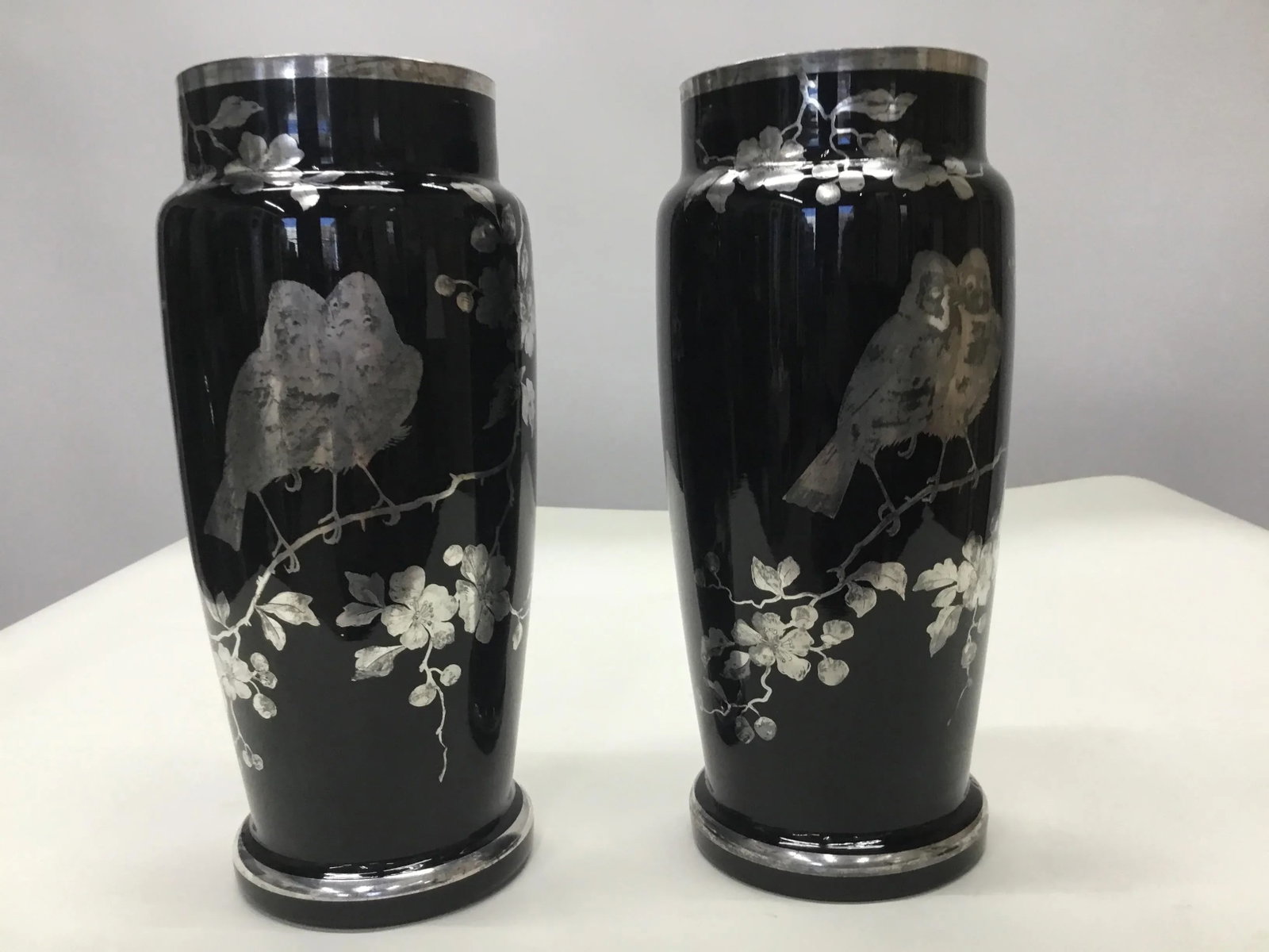 1920s Black Glass Silver Overlay Japanese Style Vases-a Pair - 2