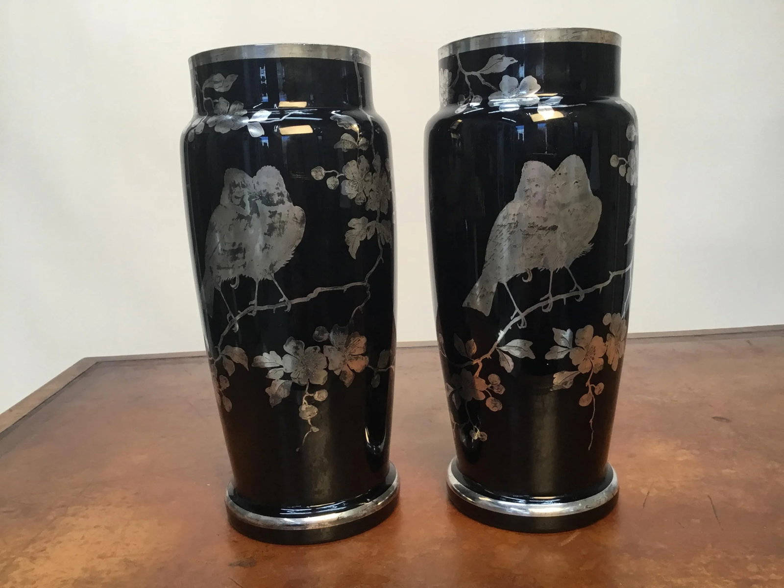 1920s Black Glass Silver Overlay Japanese Style Vases-a Pair - 3