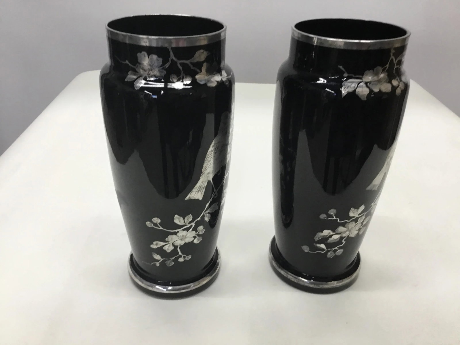1920s Black Glass Silver Overlay Japanese Style Vases-a Pair - 4