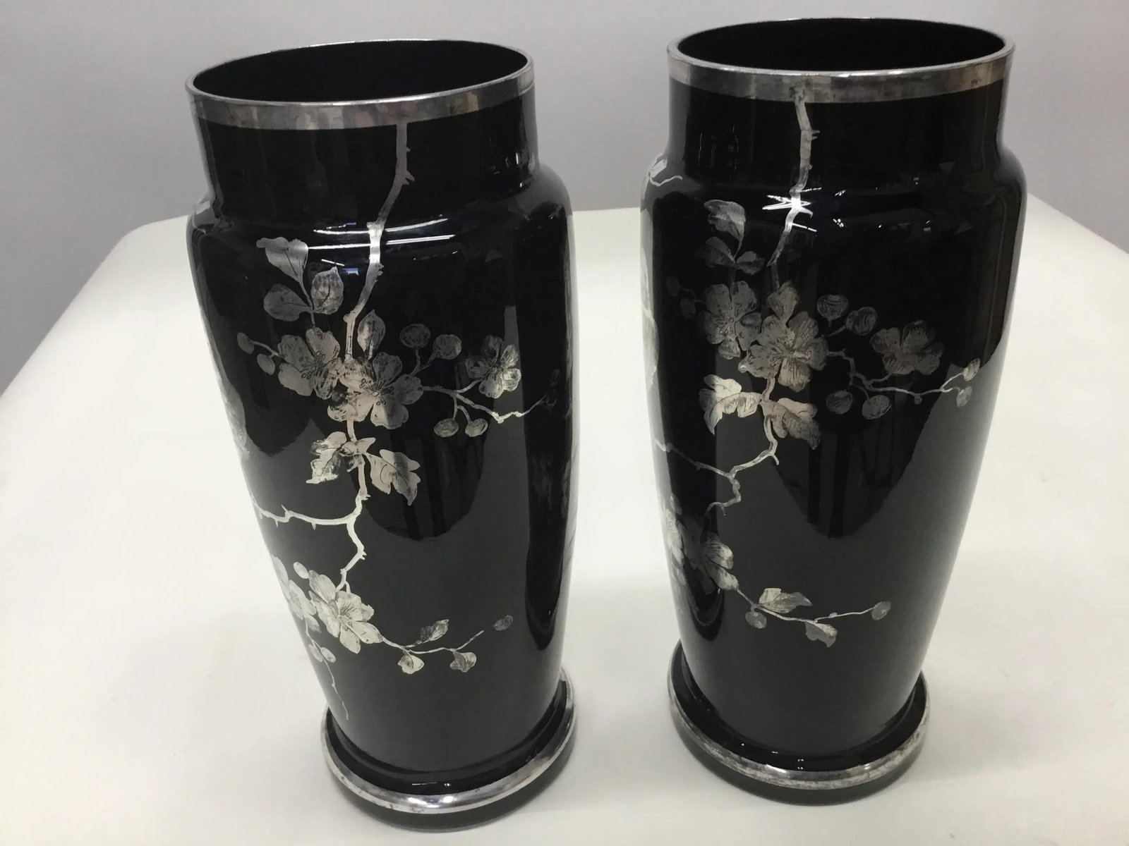 1920s Black Glass Silver Overlay Japanese Style Vases-a Pair - 5
