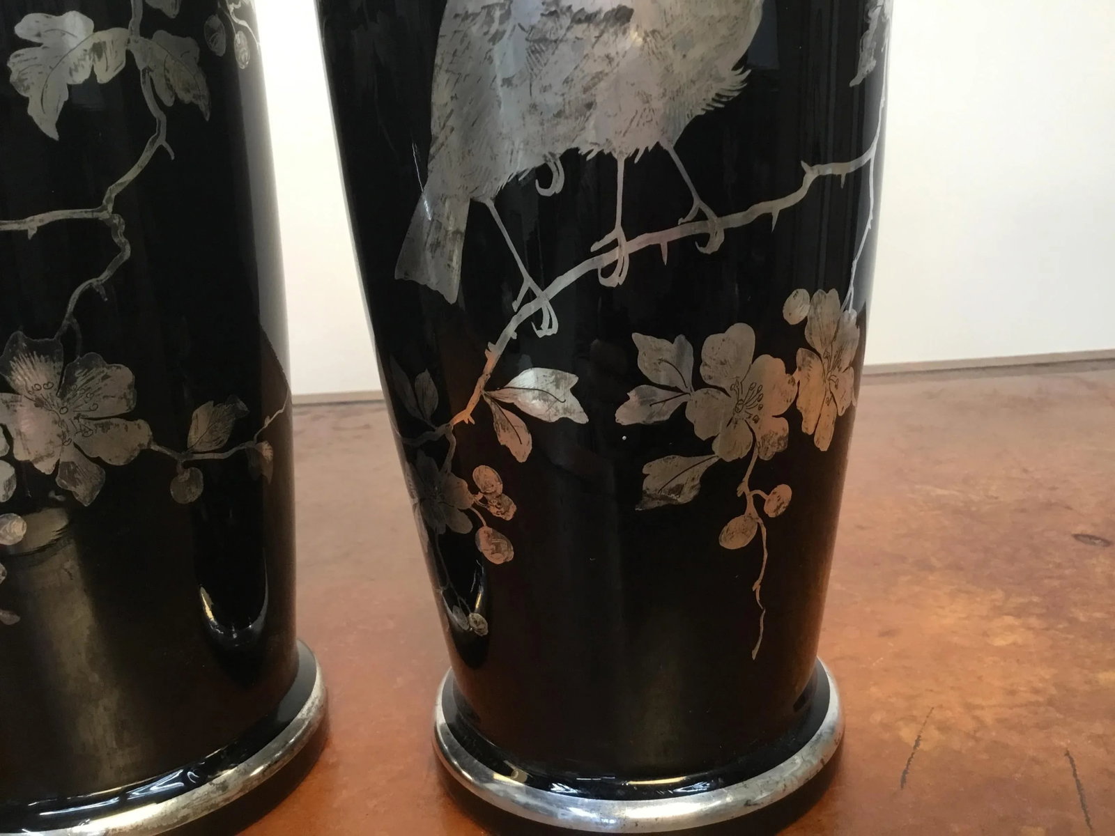 1920s Black Glass Silver Overlay Japanese Style Vases-a Pair - 6