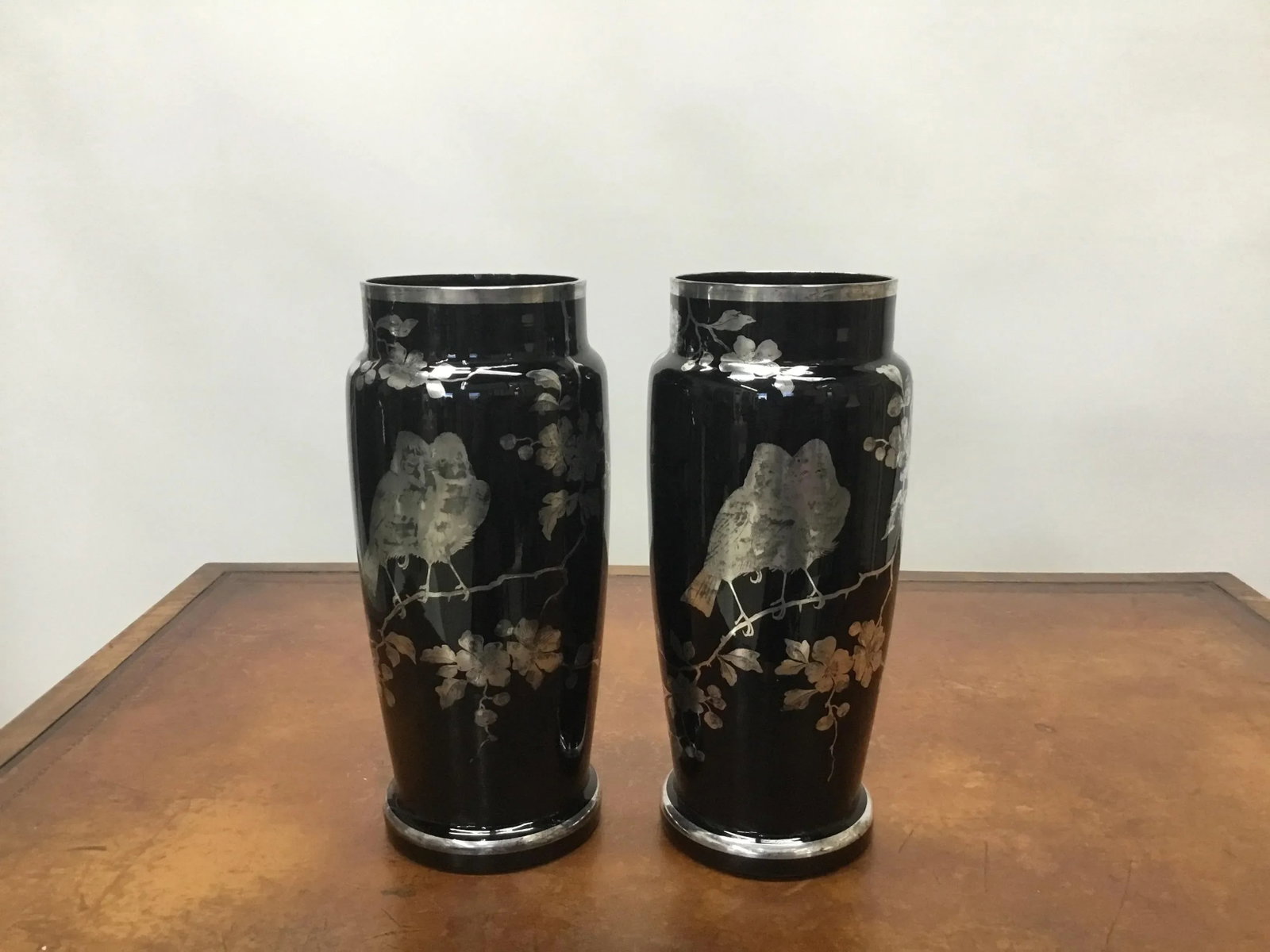 1920s Black Glass Silver Overlay Japanese Style Vases-a Pair - 7