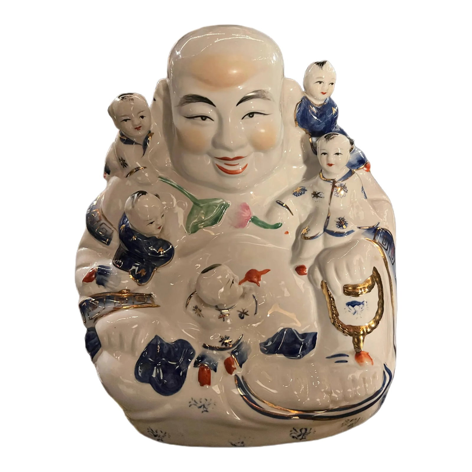 Antique Chinese Famille Rose Porcelain Fertility Buddha With Children Statue: This unique and delicate Chinese antique features a smiling Buddha, an iconic and ever-present figure within Asian culture. With striking blue and red colors in combination with softer green and paste