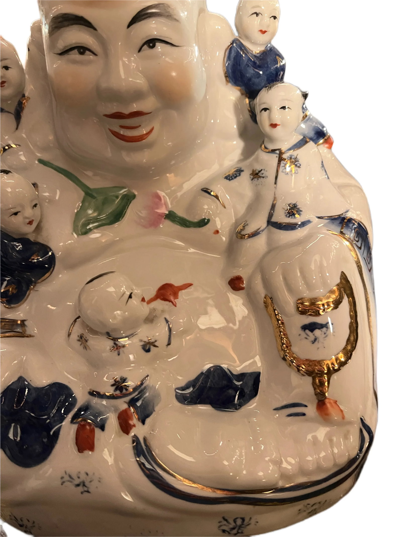 Antique Chinese Famille Rose Porcelain Fertility Buddha With Children Statue - 7