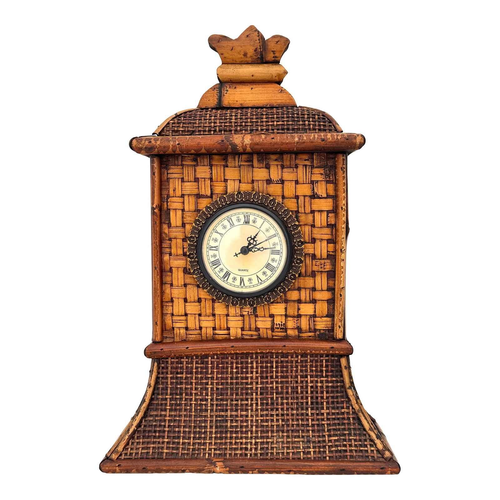 Bamboo and Rattan Mantel Clock: Bamboo and rattan mantel clock with open box weave cane webbing and burnt bamboo accents. Measuring nearly 15" tall, it has a 4" battery operated quartz movement. Condition: Alterations: Original Cond