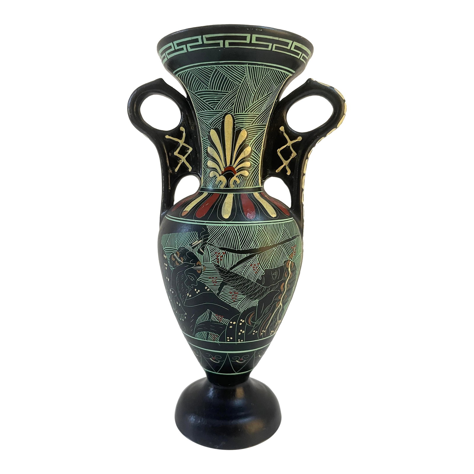 Vintage Neoclassical Black Greek Amphora Vase: Vintage 1970s hand-made Greek amphora vase in excellent condition. Maker's mark on underside. Condition: Alterations: Original Condition Unaltered Imperfections: Some Imperfections Condition Notes: In