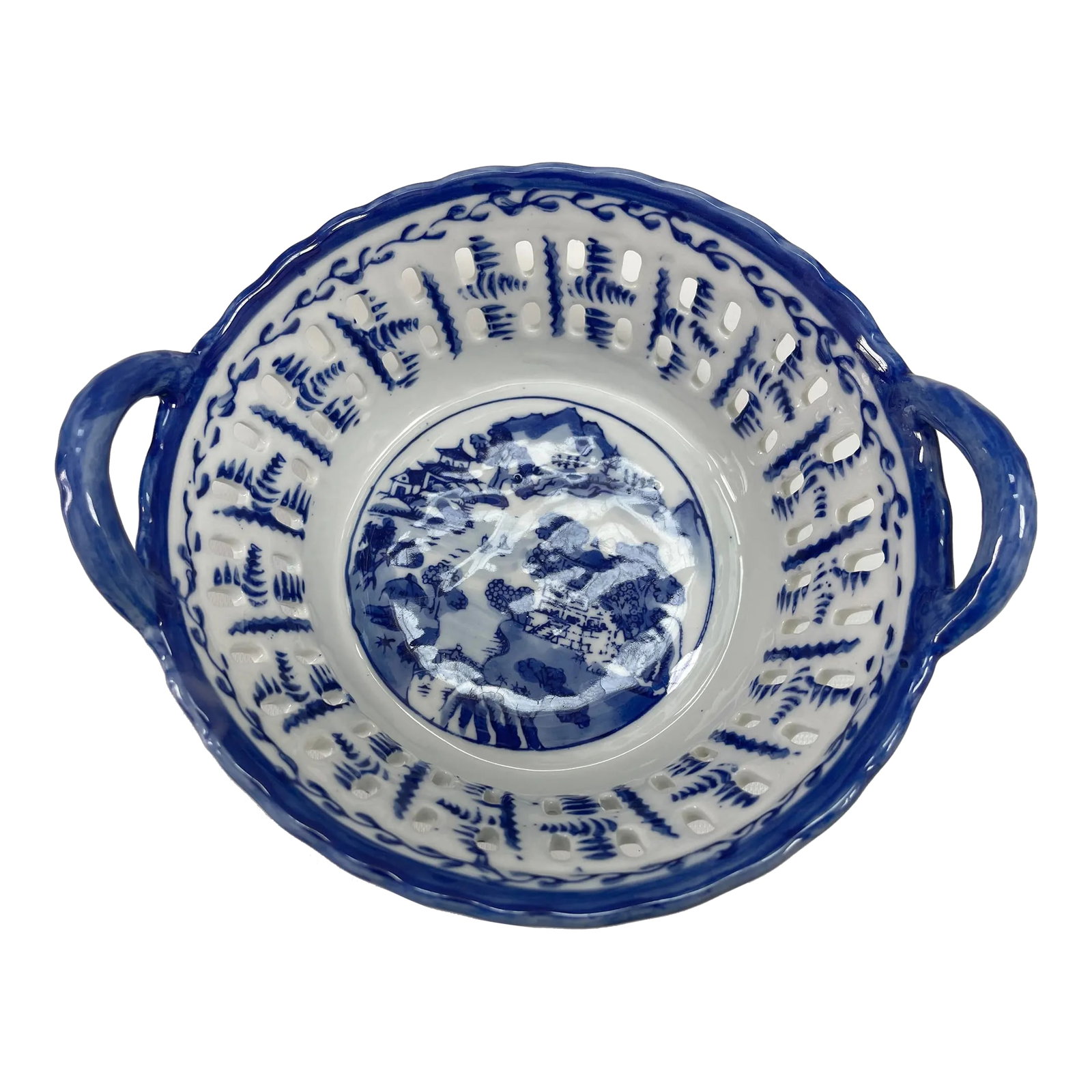 Vintage Chinese Porcelain Blue & White Handled Basket (1 of 9)