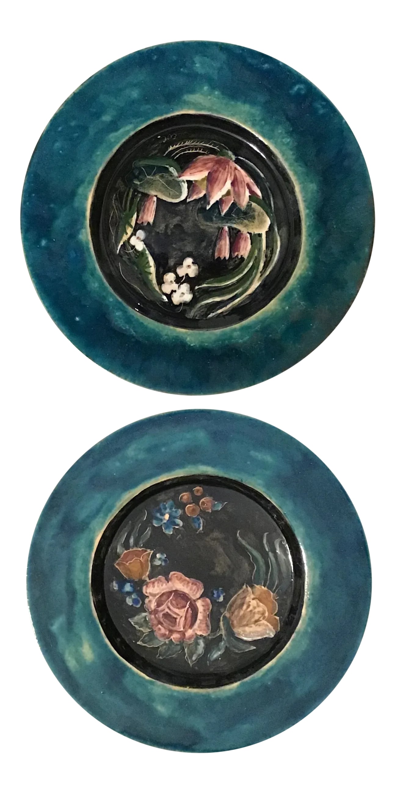 Pottery Hand Painted Pottery Plates Hand Painted by American Artist Edith Cockcroft Hand Painted Pot: Beautiful pair of unique and unusual hand painted floral pottery plates by American Artist Edith Varian Cockcroft (1881-1962). The plates depict a floral motif of a lotus plant and roses. Edith Varian
