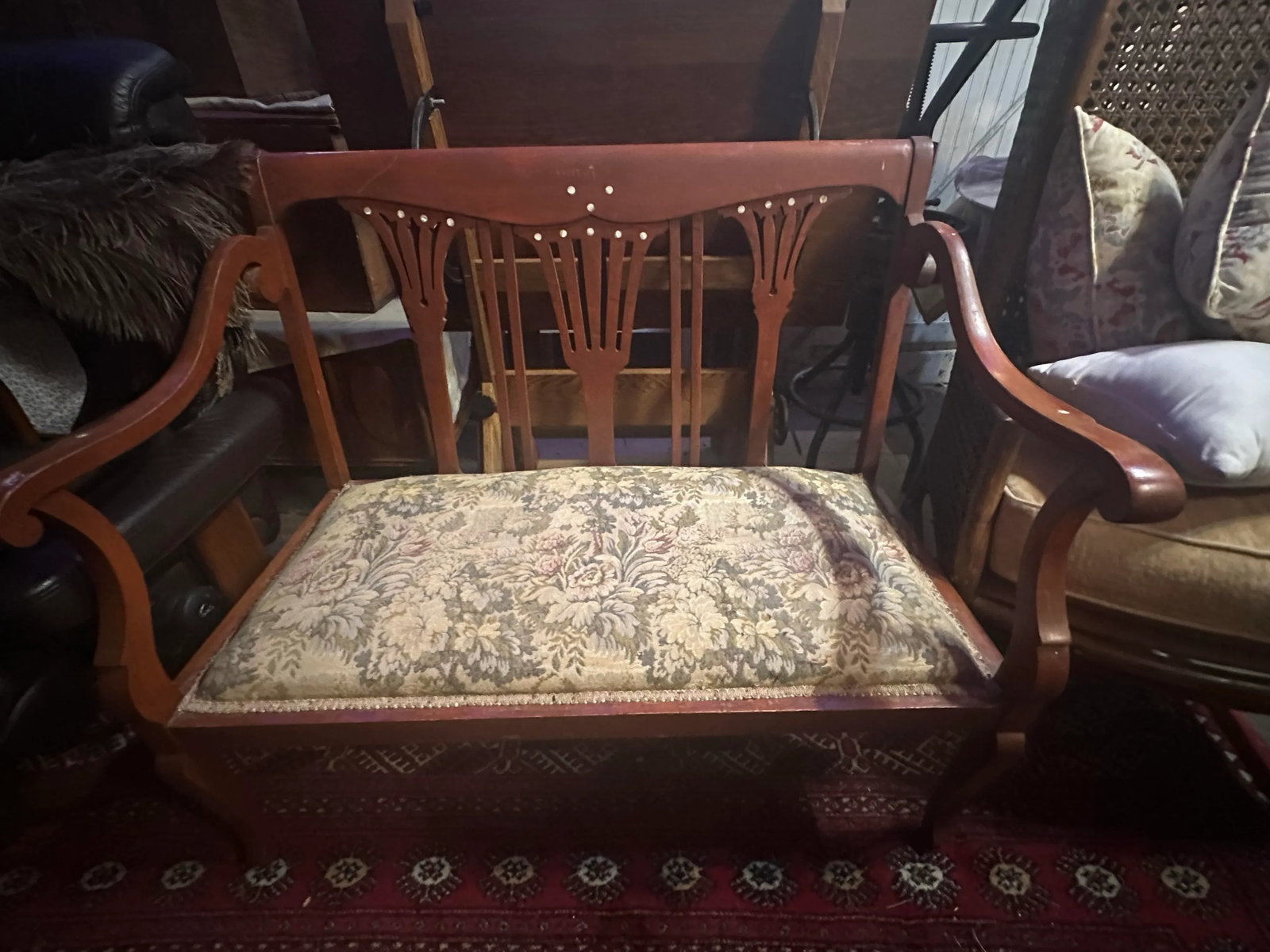 19th Century Antique Settee Bench/Couch Mother of Pearl Inlay - 11