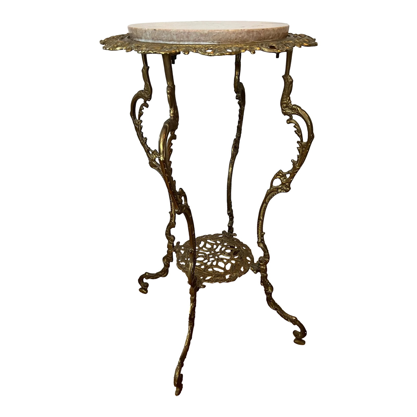 Antique French Art Nouveau Two-Tier Brass/Marble Plant Stand: An alluring French tiered plant stand originating during the famous Art Nouveau period between the years 1890-1910. Born in France at the turn of the late 19th/early 20th century, finely crafted, fini