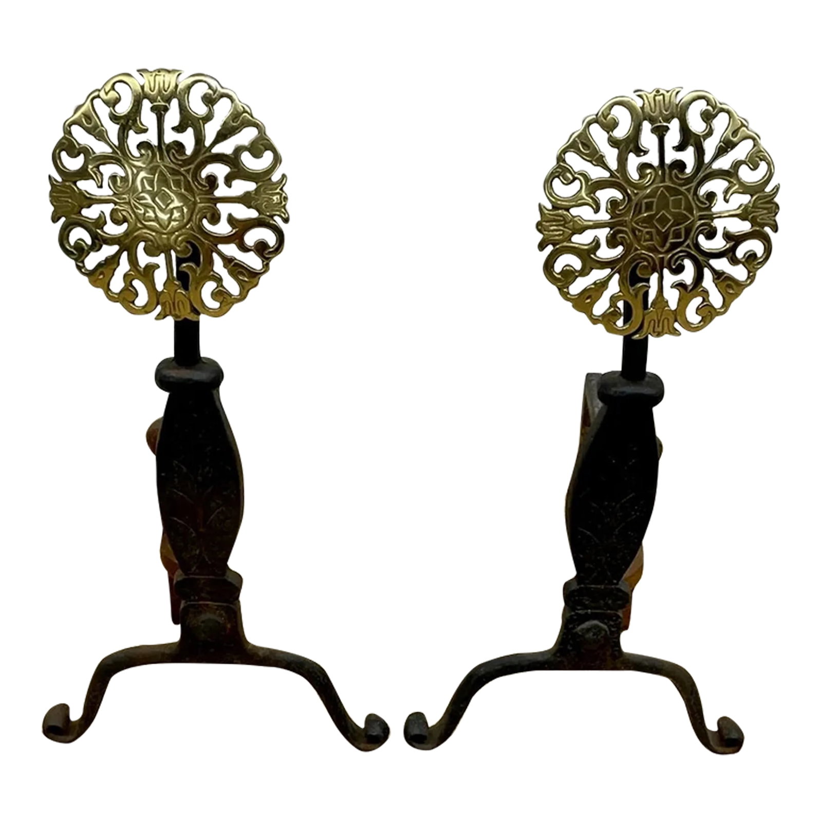 French Sunburst Style Iron and Brass Andirons - a Pair (1 of 5)