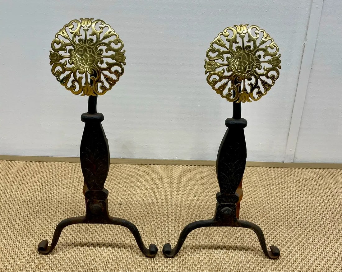 French Sunburst Style Iron and Brass Andirons - a Pair - 3