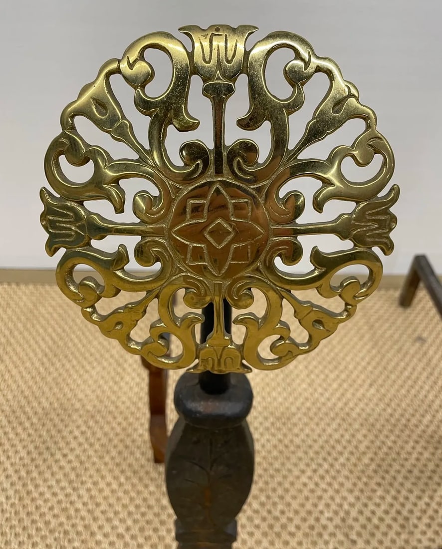 French Sunburst Style Iron and Brass Andirons - a Pair - 5