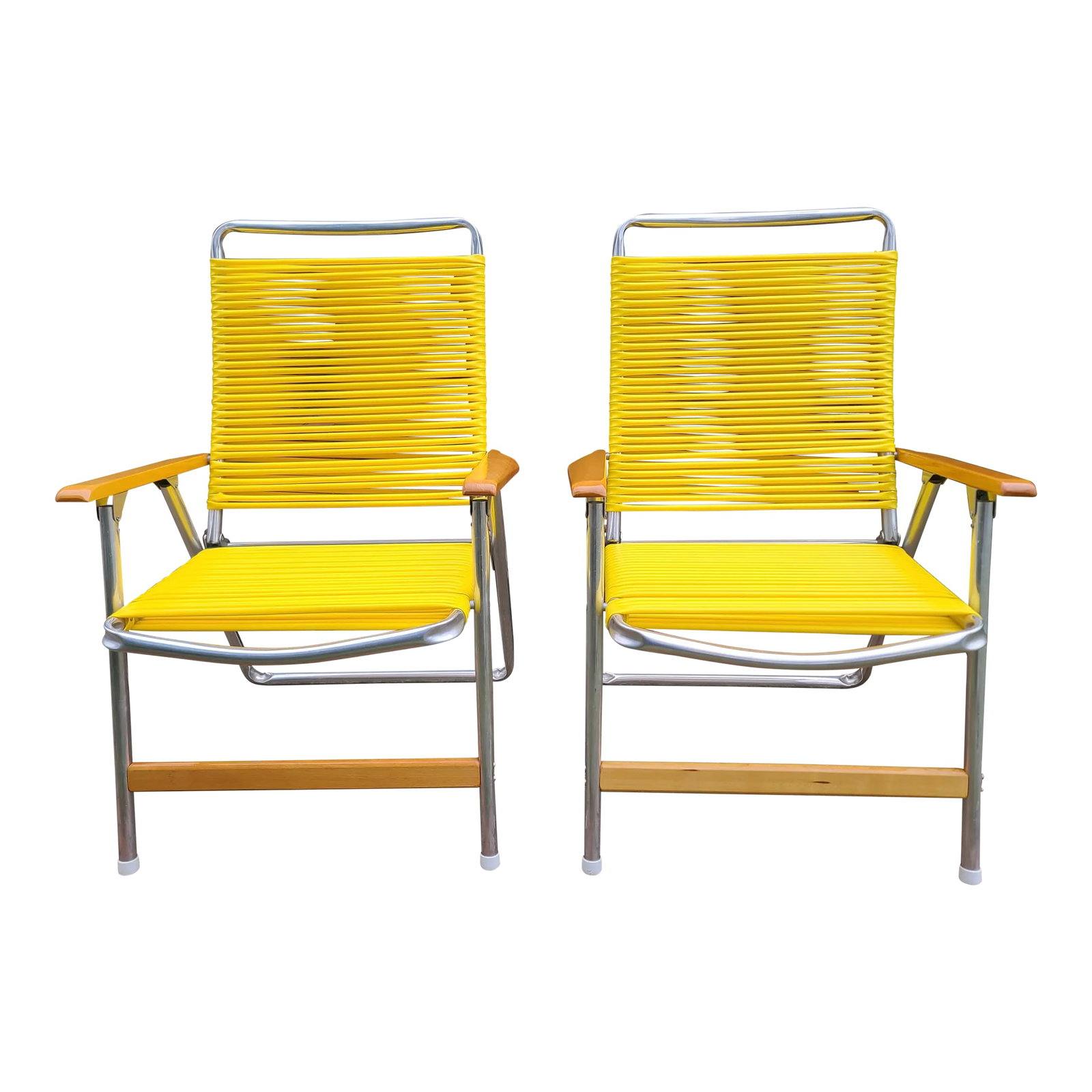 1960s Yellow Telescope Tube Furniture Company Outdoor Chairs - Set of 2: Vintage 1960's Set of 2 Aluminum Outdoor Chairs The Telescope Folding Furniture Company Stained Wood Arms Patio Furniture Deck Retro MCM This Chair is your classic aluminum folding chair has yellow tu