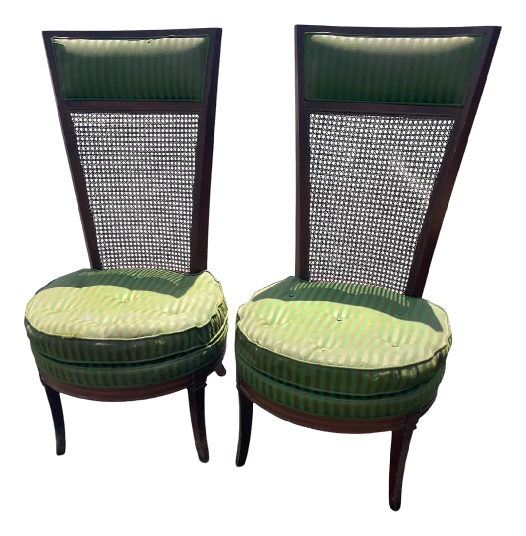 1950s Louis XVI Style Cane Back Chairs- A Pair: Handsomely crafted vintage Louis XVI chairs, featuring robust joinery and solid-wood frames. The classic caning and fabric upholstery give them timeless appeal-ideal for dining, occasional seating or 